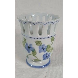 andrea by sadek Blue And White Floral Reticulated  Footed Vase